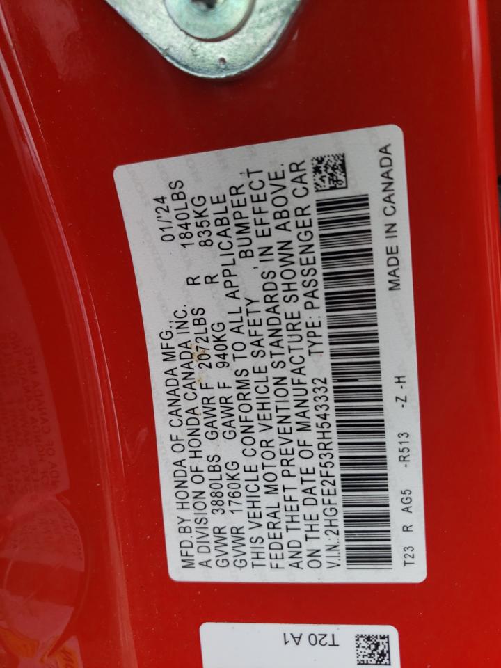 2024 Honda Civic Sport VIN: 2HGFE2F53RH543332 Lot: 85373055