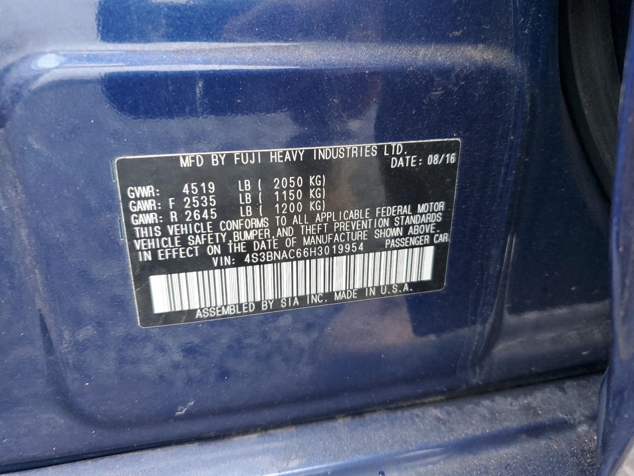 2017 Subaru Legacy 2.5I Premium VIN: 4S3BNAC66H3019954 Lot: 85178675