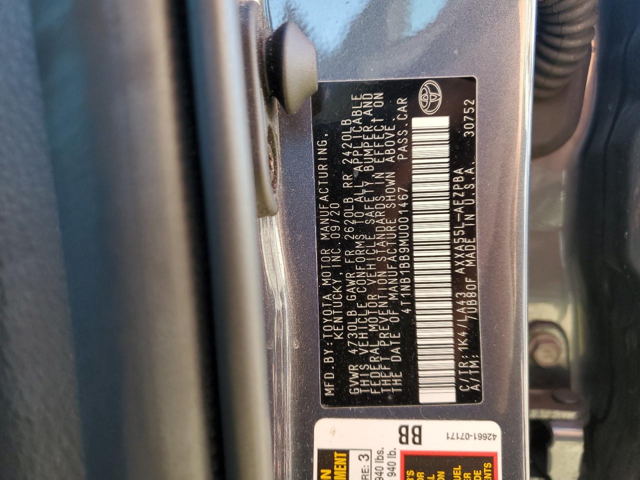 2021 Toyota Avalon Limited VIN: 4T1NB1BB9MU001467 Lot: 85352275