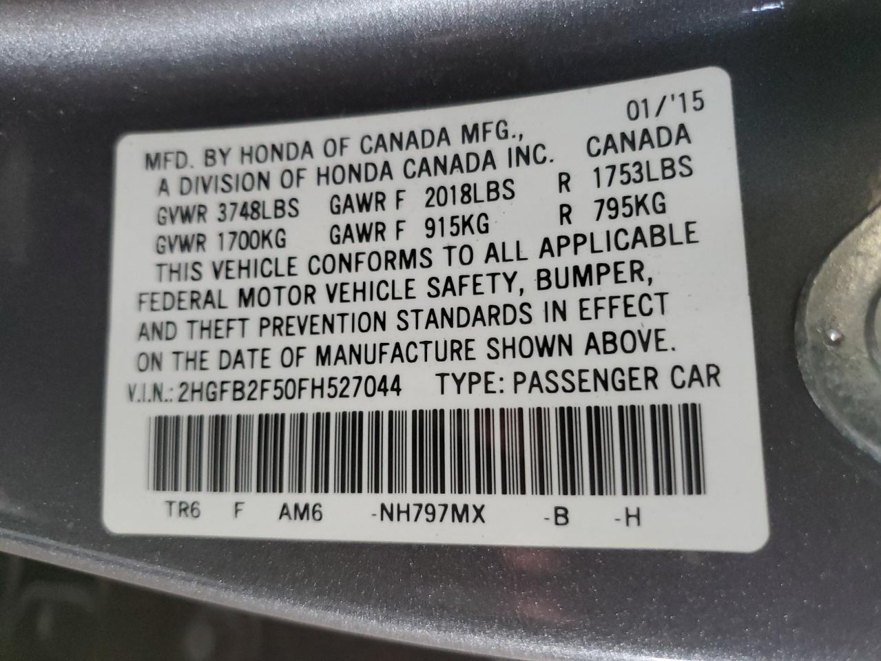 2015 Honda Civic Lx VIN: 2HGFB2F50FH527044 Lot: 82006395