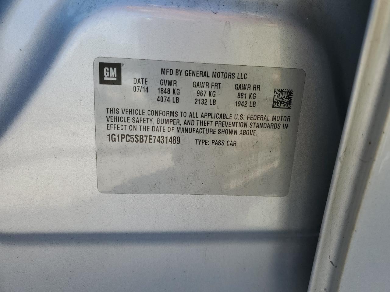 2014 Chevrolet Cruise VIN: 1G1PC5SB7E7431489 Lot: 82326385