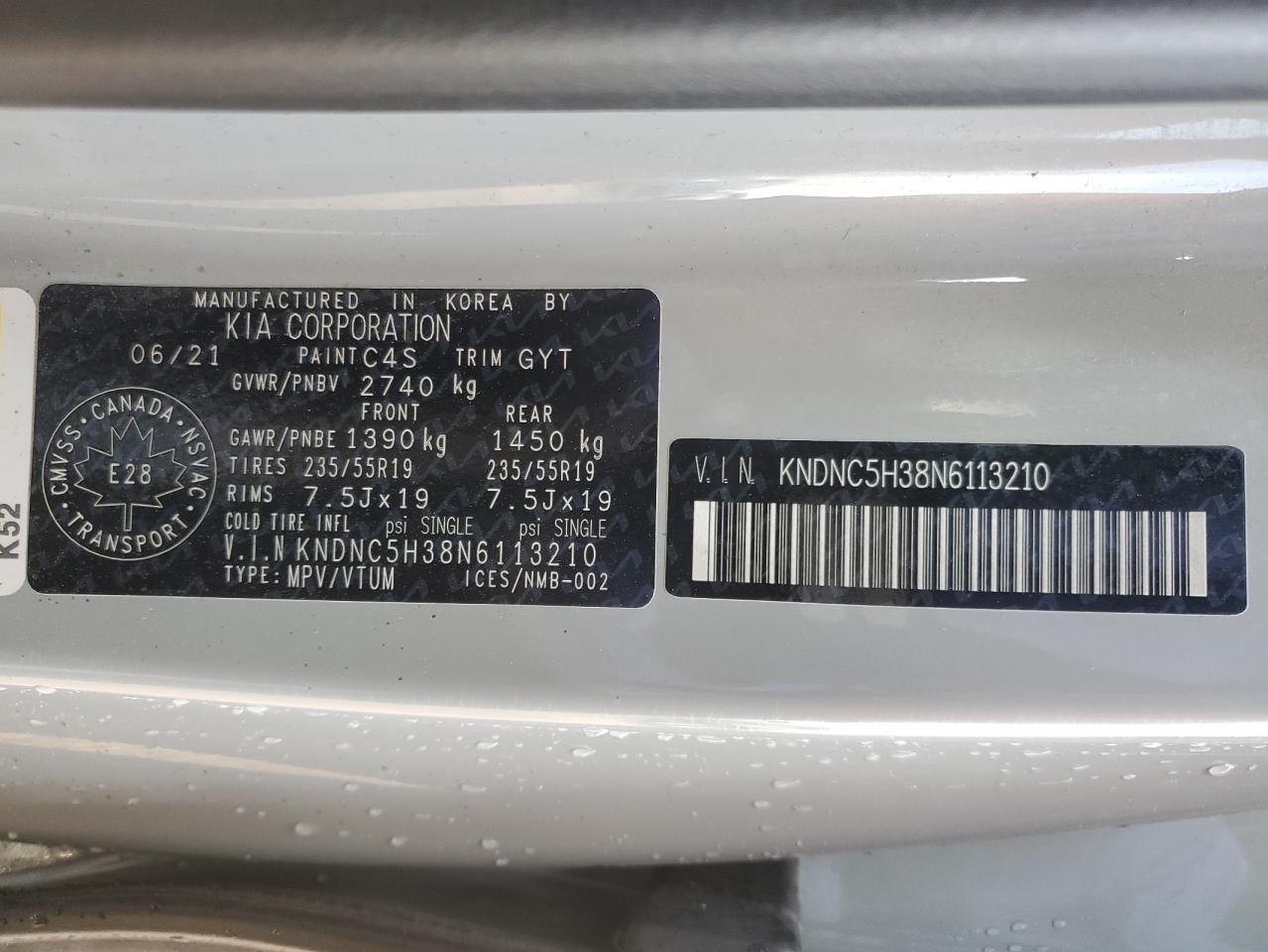 2022 Kia Carnival Ex VIN: KNDNC5H38N6113210 Lot: 84809885