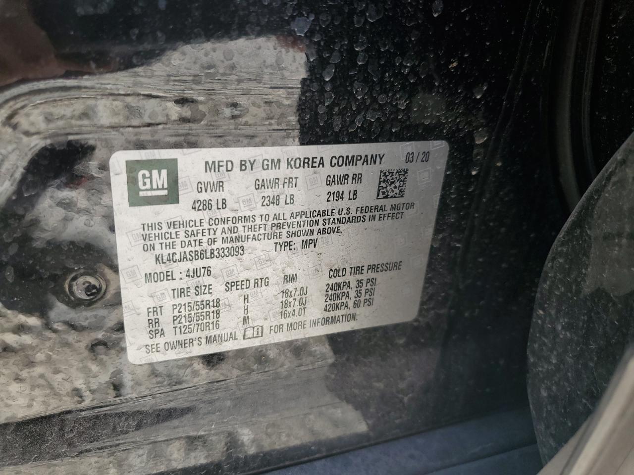 2020 Buick Encore Preferred VIN: KL4CJASB6LB333093 Lot: 84965355