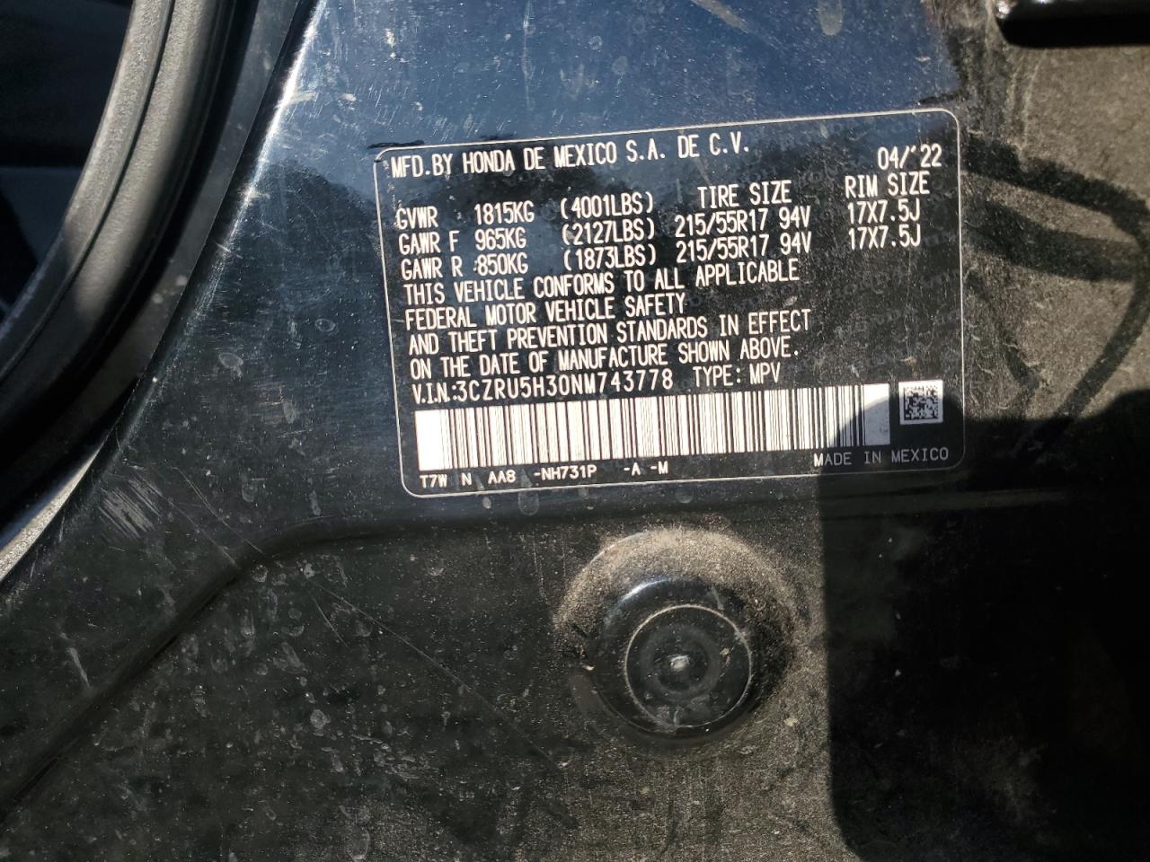 2022 Honda Hr-V Lx VIN: 3CZRU5H30NM743778 Lot: 82434275