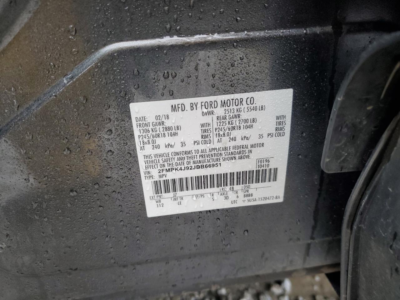 2018 Ford Edge Sel VIN: 2FMPK4J92JBB66951 Lot: 90008585