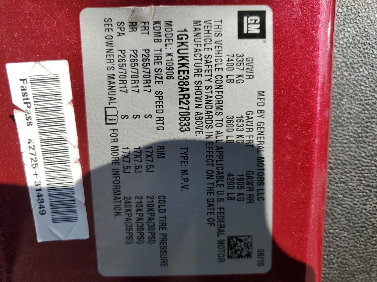 2010 GMC Yukon Xl K1500 Slt VIN: 1GKUKKE38AR270833 Lot: 90661005