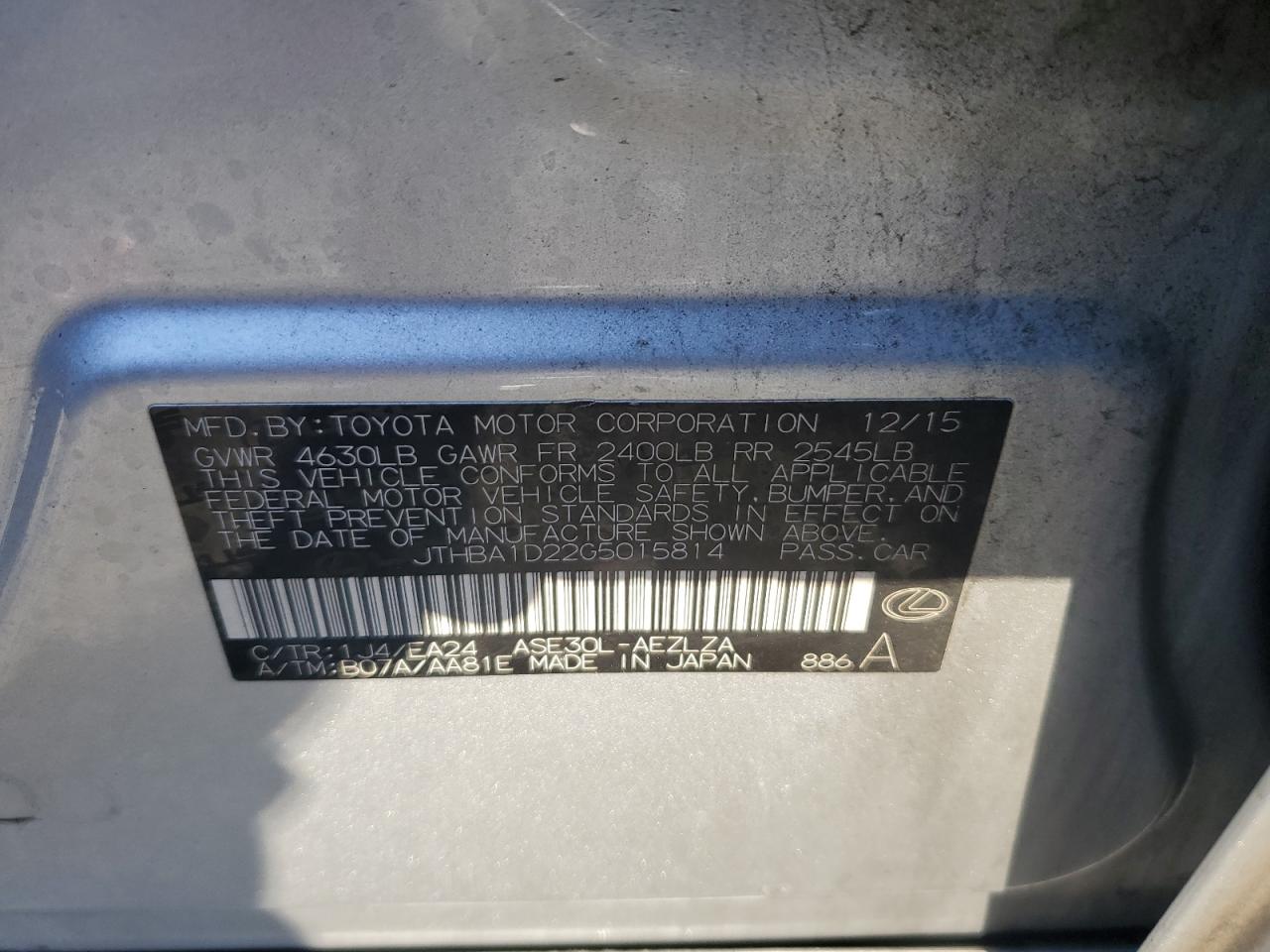 2016 Lexus Is 200T VIN: JTHBA1D22G5015814 Lot: 82374255