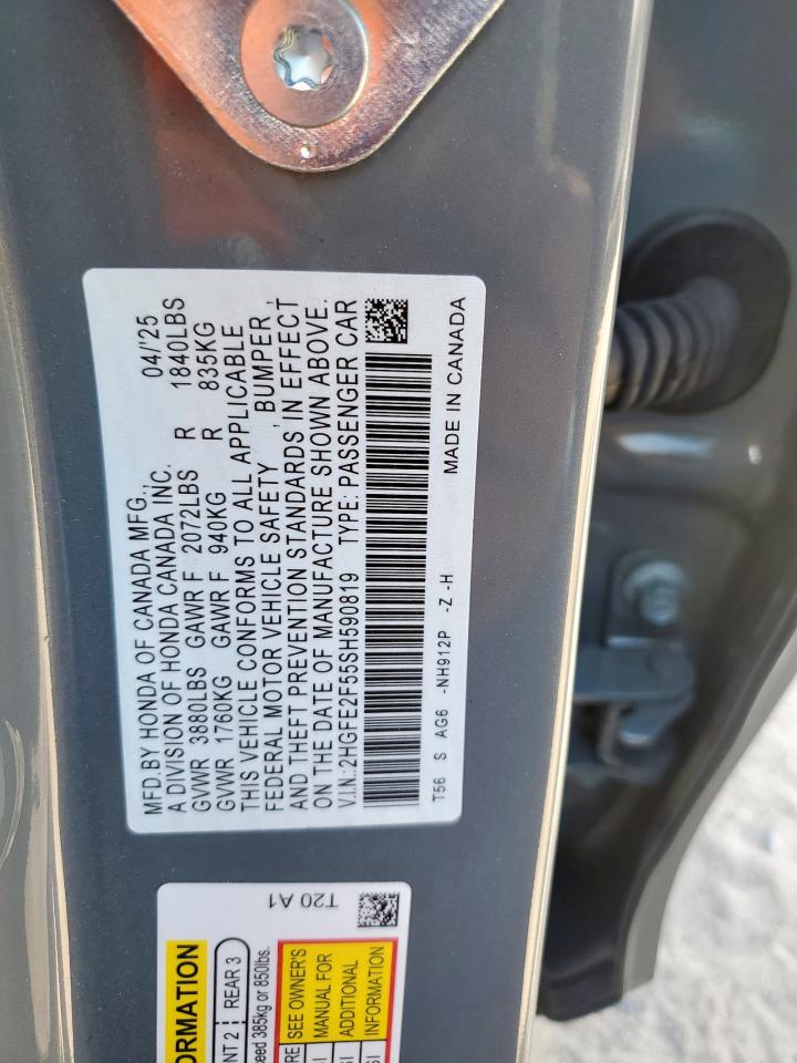 2025 Honda Civic Sport VIN: 2HGFE2F55SH590819 Lot: 85110585