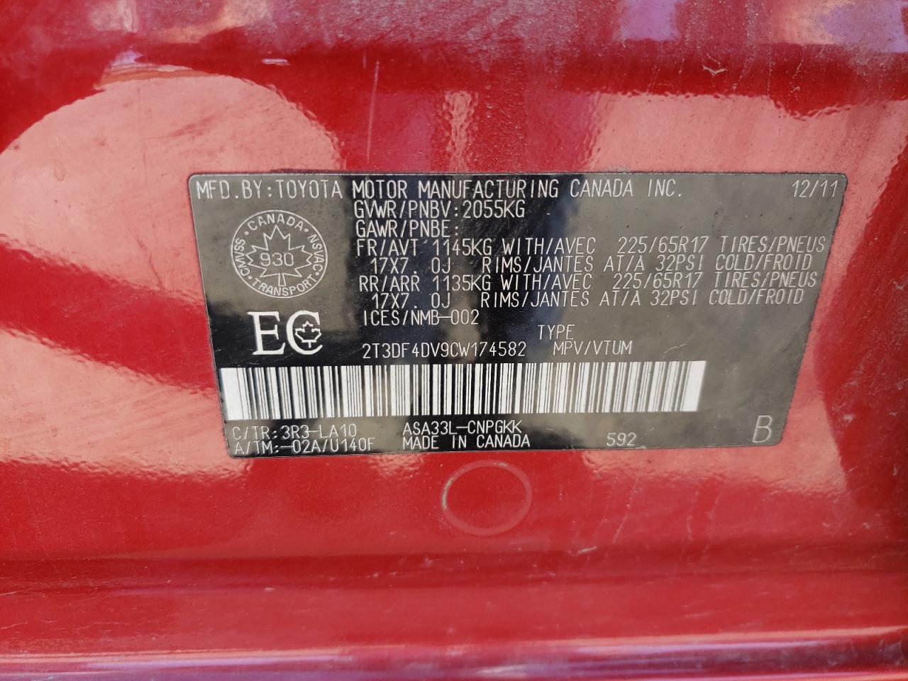 2012 Toyota Rav4 Limited VIN: 2T3DF4DV9CW174582 Lot: 81986295