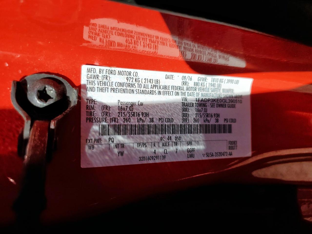 2016 Ford Focus Se VIN: 1FADP3KE0GL390510 Lot: 90893625