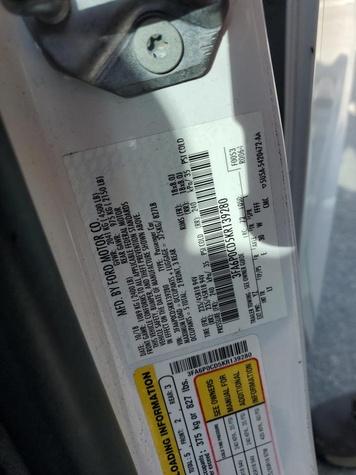 2019 Ford Fusion Sel VIN: 3FA6P0CD5KR139280 Lot: 85918185