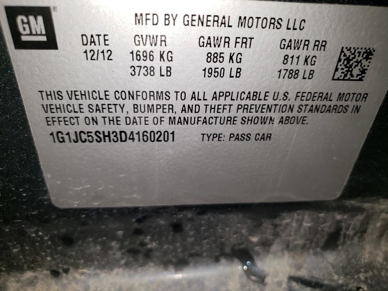 2013 Chevrolet Sonic Lt VIN: 1G1JC5SH3D4160201 Lot: 89718305