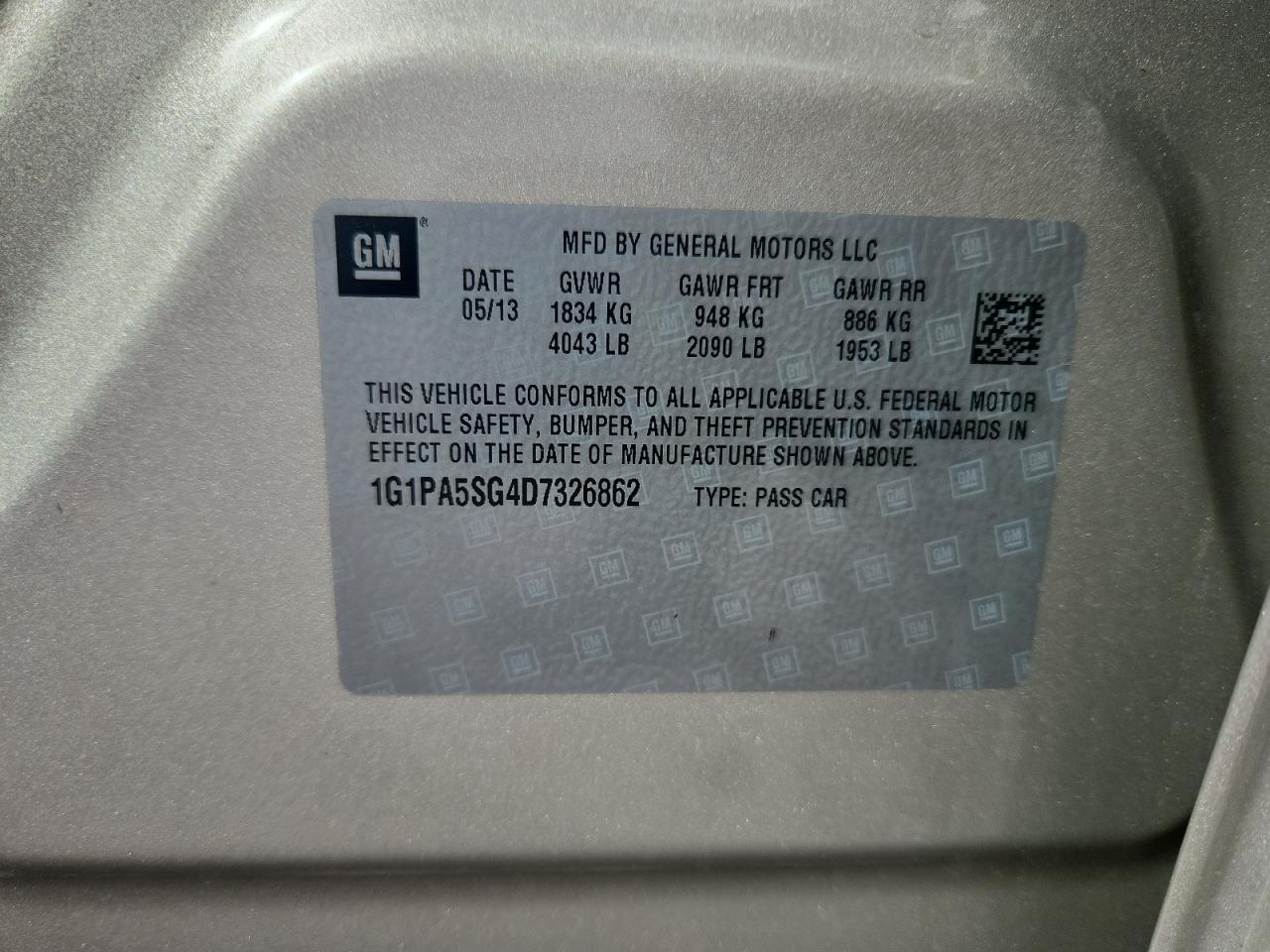 2013 Chevrolet Cruze Ls VIN: 1G1PA5SG4D7326862 Lot: 85737395