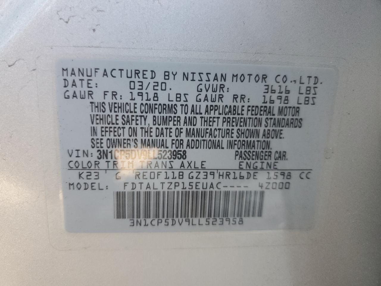 2020 Nissan Kicks Sr VIN: 3N1CP5DV9LL523958 Lot: 89554275