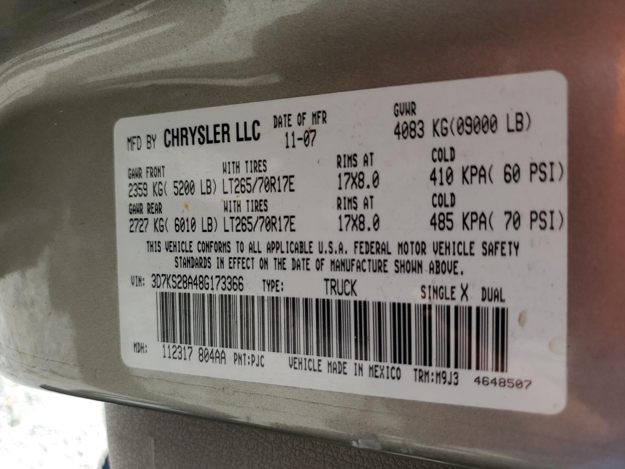 2008 Dodge Ram 2500 St VIN: 3D7KS28A48G173366 Lot: 86464555