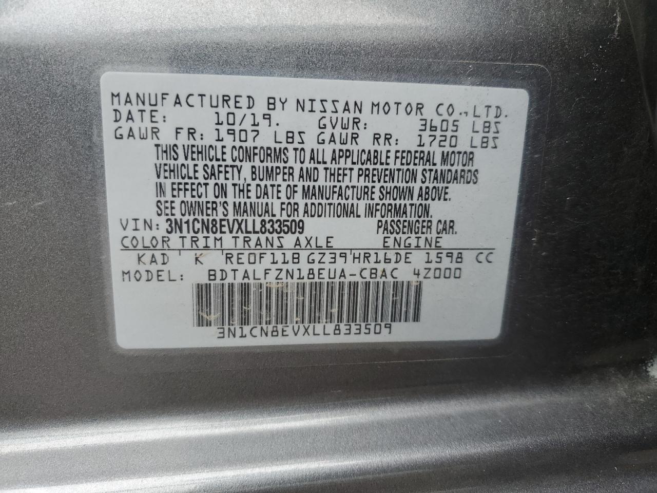2020 Nissan Versa Sv VIN: 3N1CN8EVXLL833509 Lot: 86233605