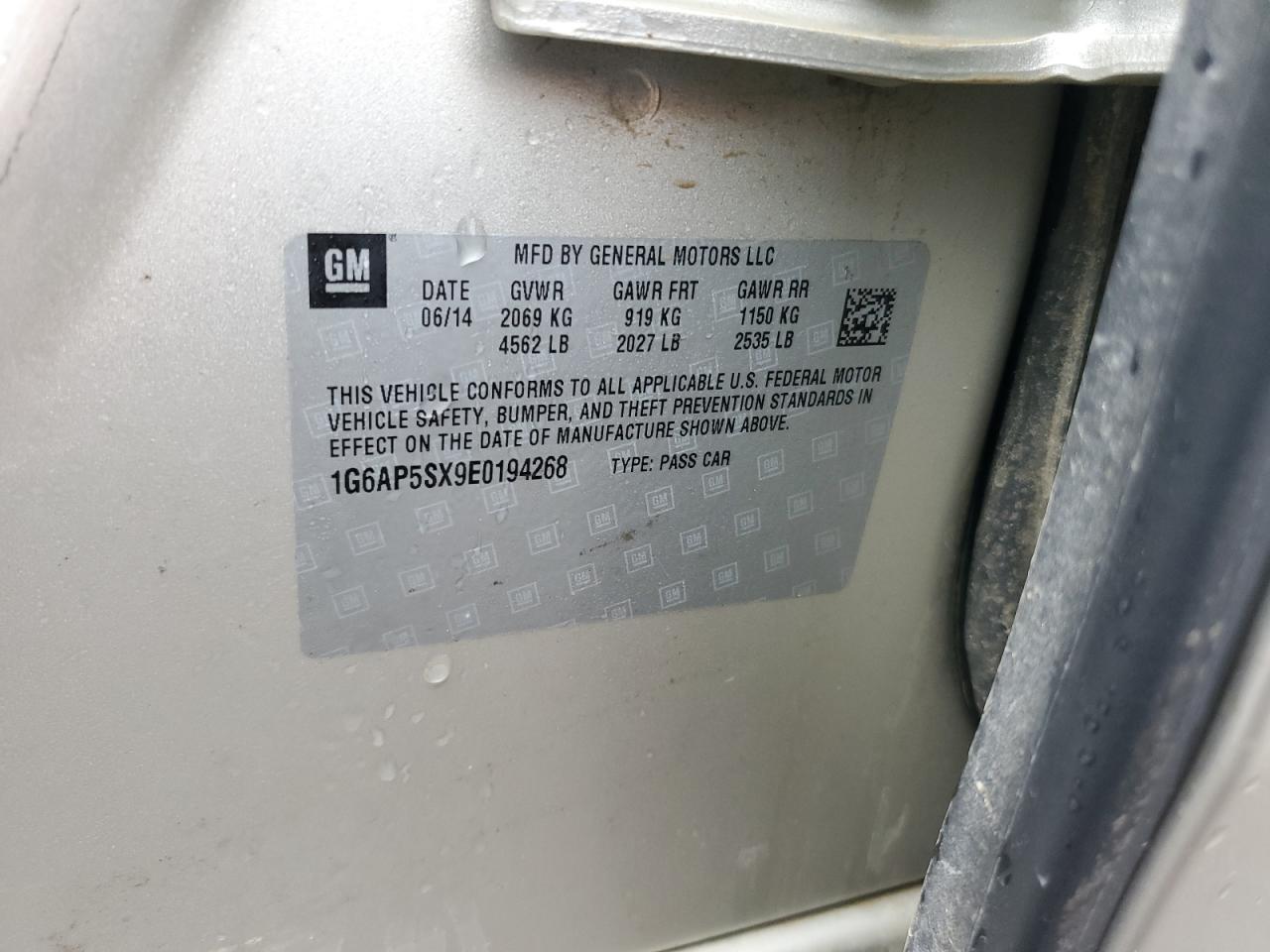 2014 Cadillac Cts VIN: 1G6AP5SX9E0194268 Lot: 82579905
