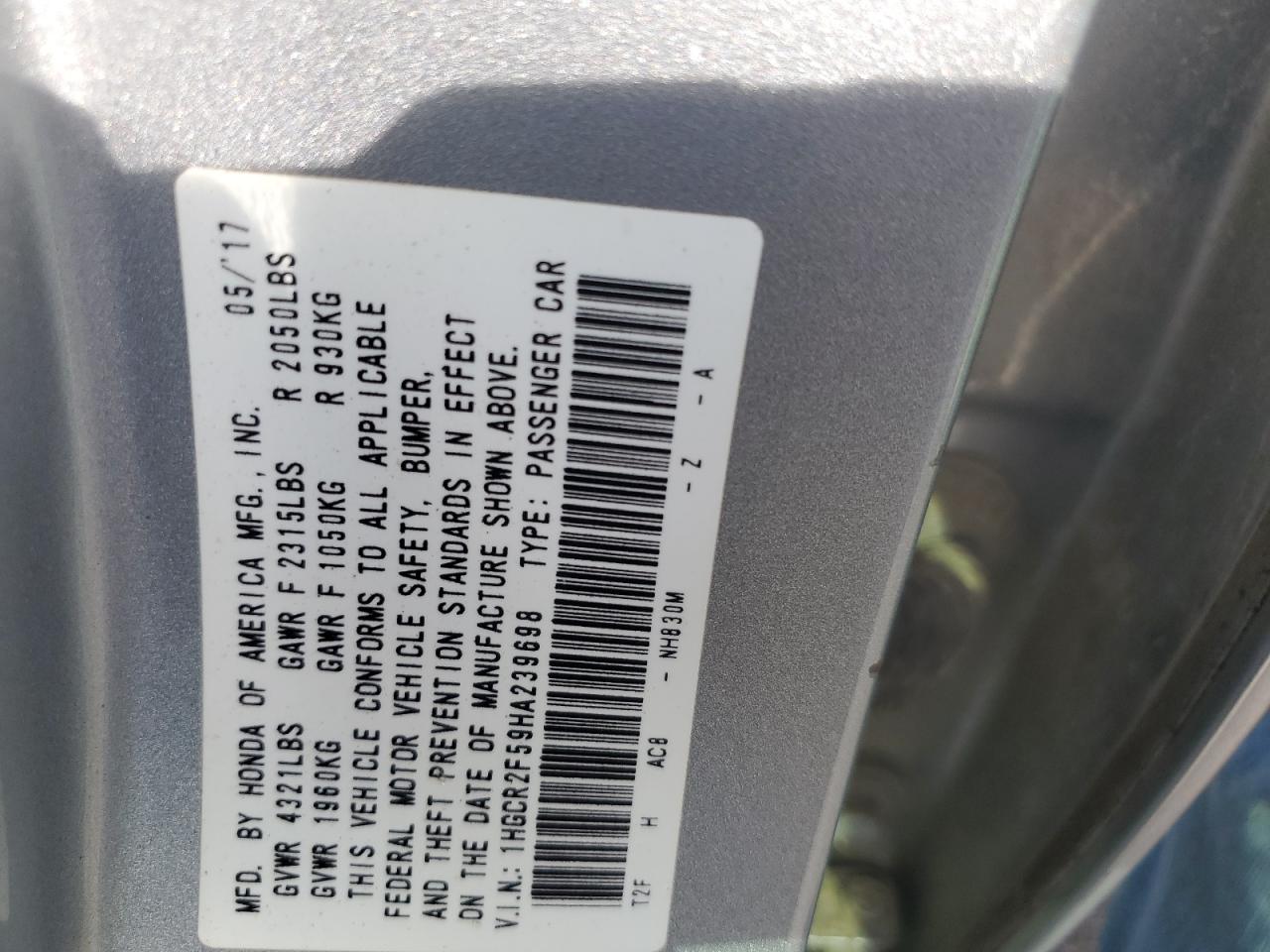 2017 Honda Accord Sport VIN: 1HGCR2F59HA239698 Lot: 85537685