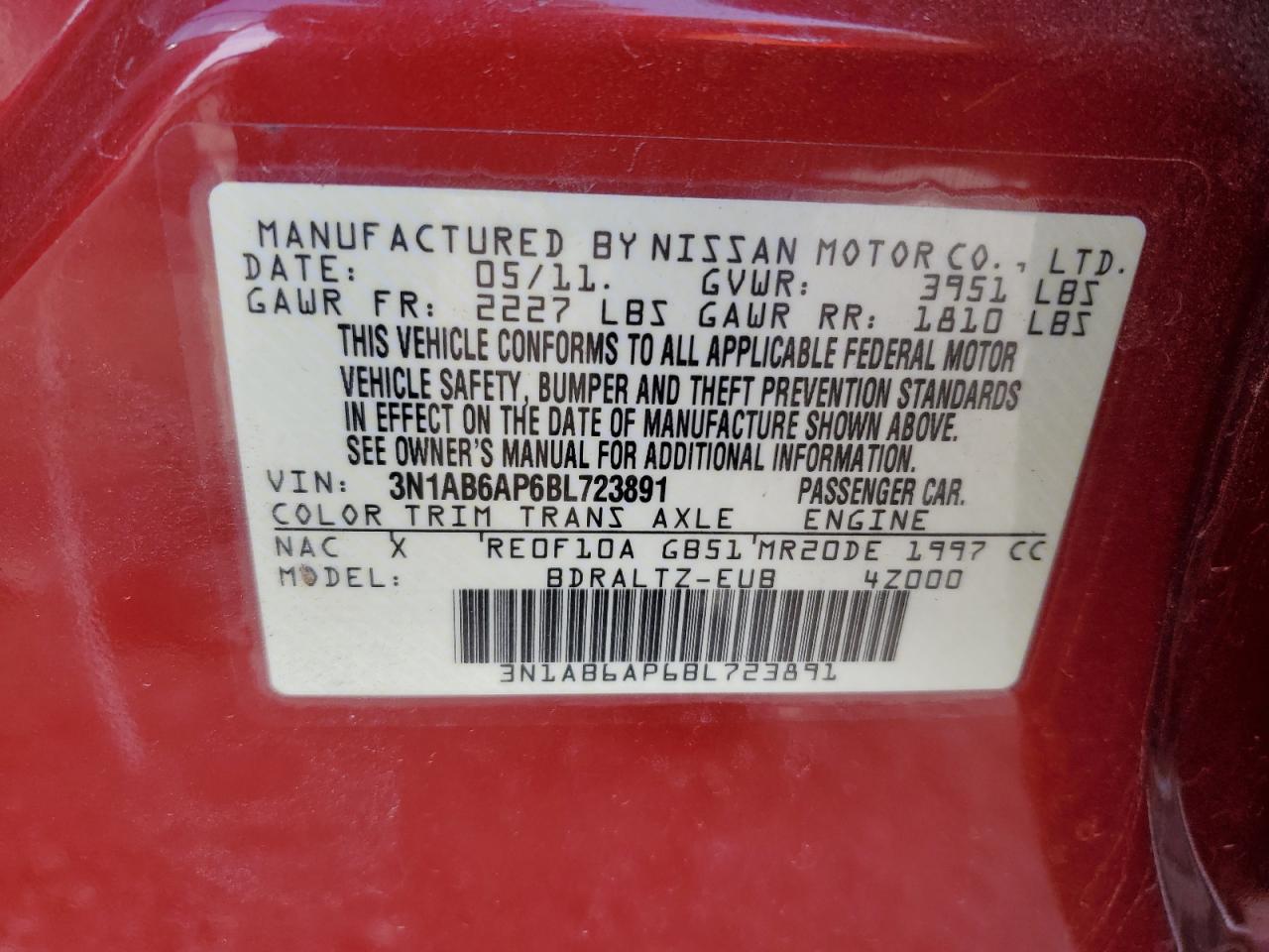 2011 Nissan Sentra 2.0 VIN: 3N1AB6AP6BL723891 Lot: 94910715