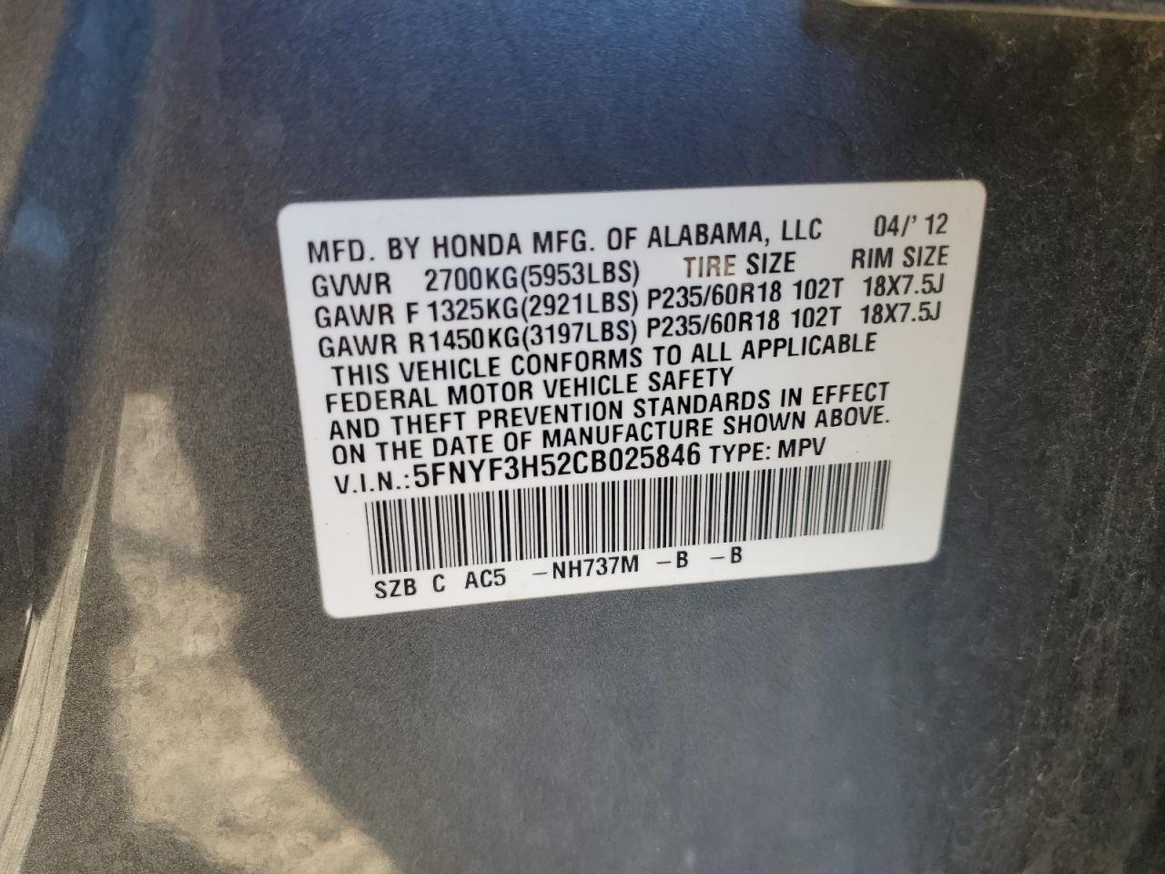 2012 Honda Pilot Exl VIN: 5FNYF3H52CB025846 Lot: 87265395