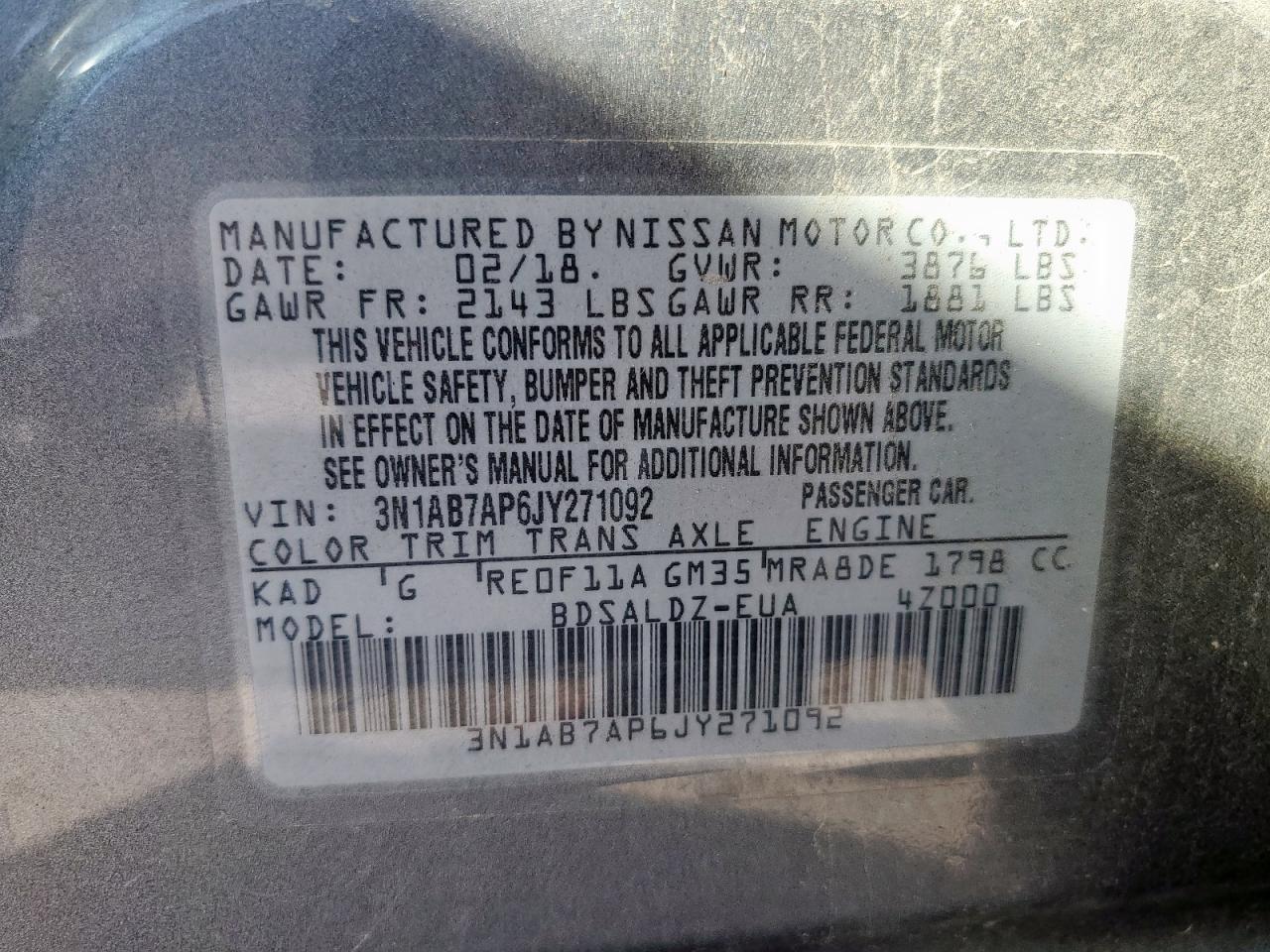 2018 Nissan Sentra S VIN: 3N1AB7AP6JY271092 Lot: 86135615