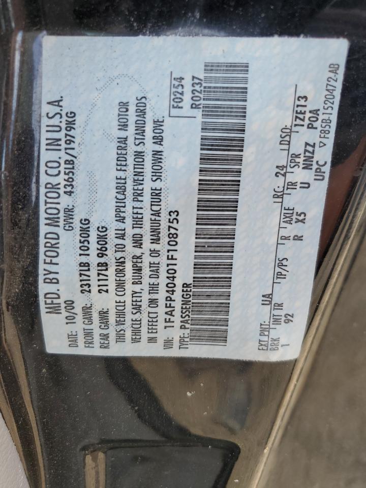 2001 Ford Mustang VIN: 1FAFP40401F108753 Lot: 85897825