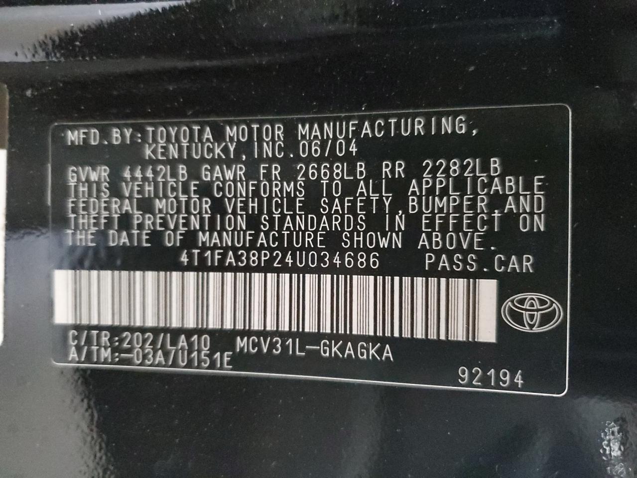 2004 Toyota Camry Solara Se VIN: 4T1FA38P24U034686 Lot: 85548935