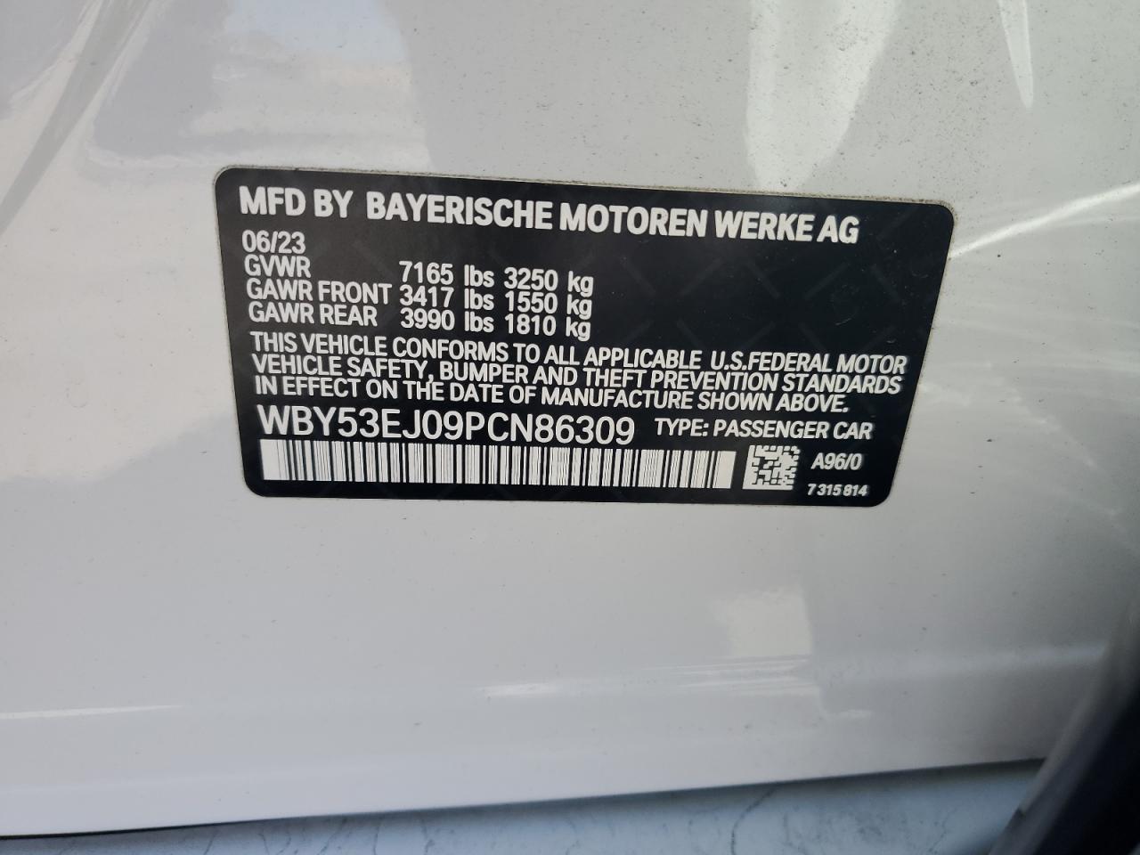 2023 BMW I7 xDrive60 VIN: WBY53EJ09PCN86309 Lot: 87103535