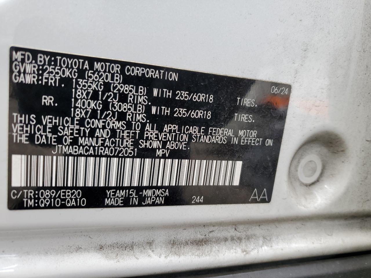 2024 Toyota Bz4X Xle VIN: JTMABACA1RA072051 Lot: 82286985