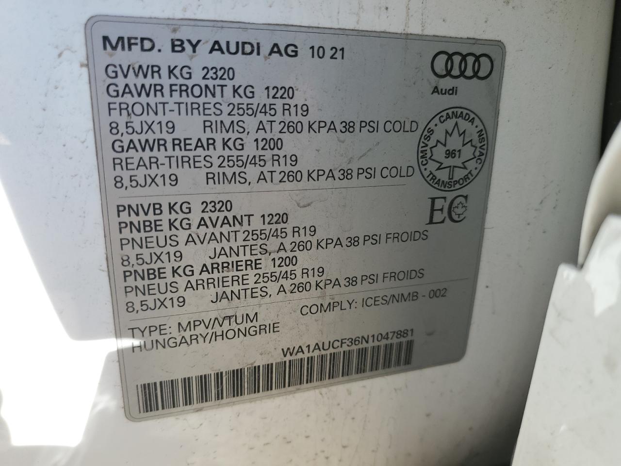 2022 Audi Q3 Premium 40 VIN: WA1AUCF36N1047881 Lot: 84233075