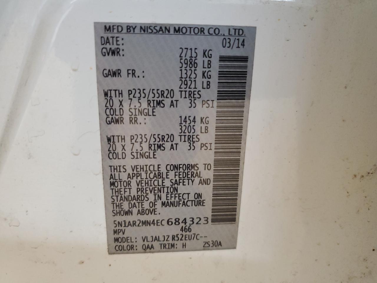 2014 Nissan Pathfinder S VIN: 5N1AR2MN4EC684323 Lot: 85390645