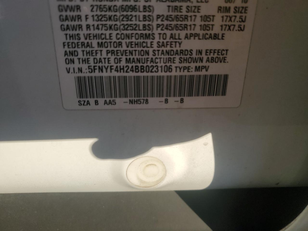 2011 Honda Pilot Lx VIN: 5FNYF4H24BB023106 Lot: 86053345