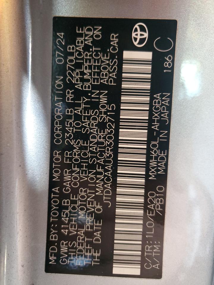 2024 Toyota Prius Le VIN: JTDACAAU3R3032715 Lot: 86166205