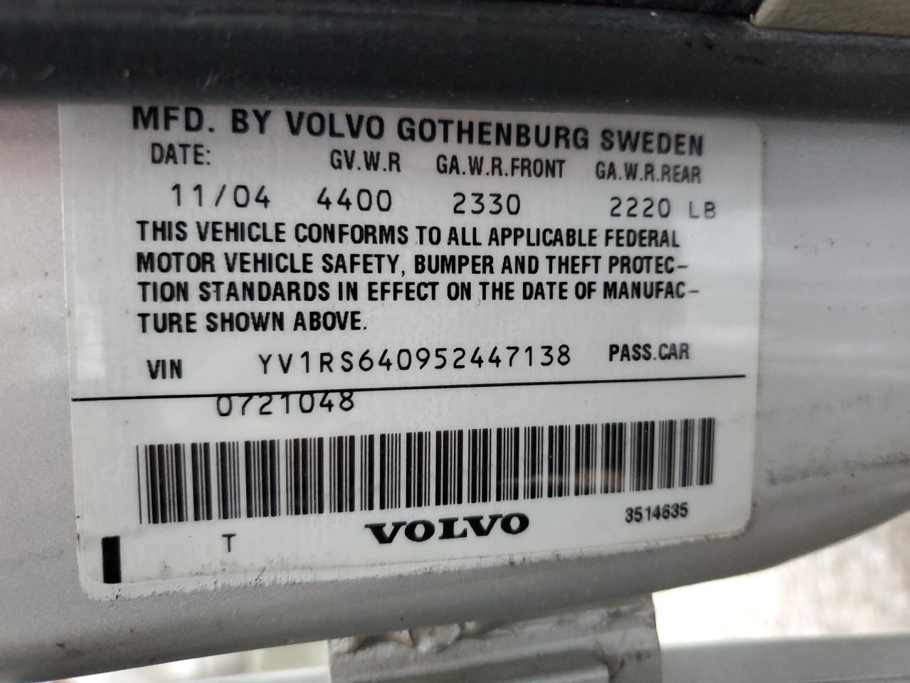 2005 Volvo S60 VIN: YV1RS640952447138 Lot: 87238465