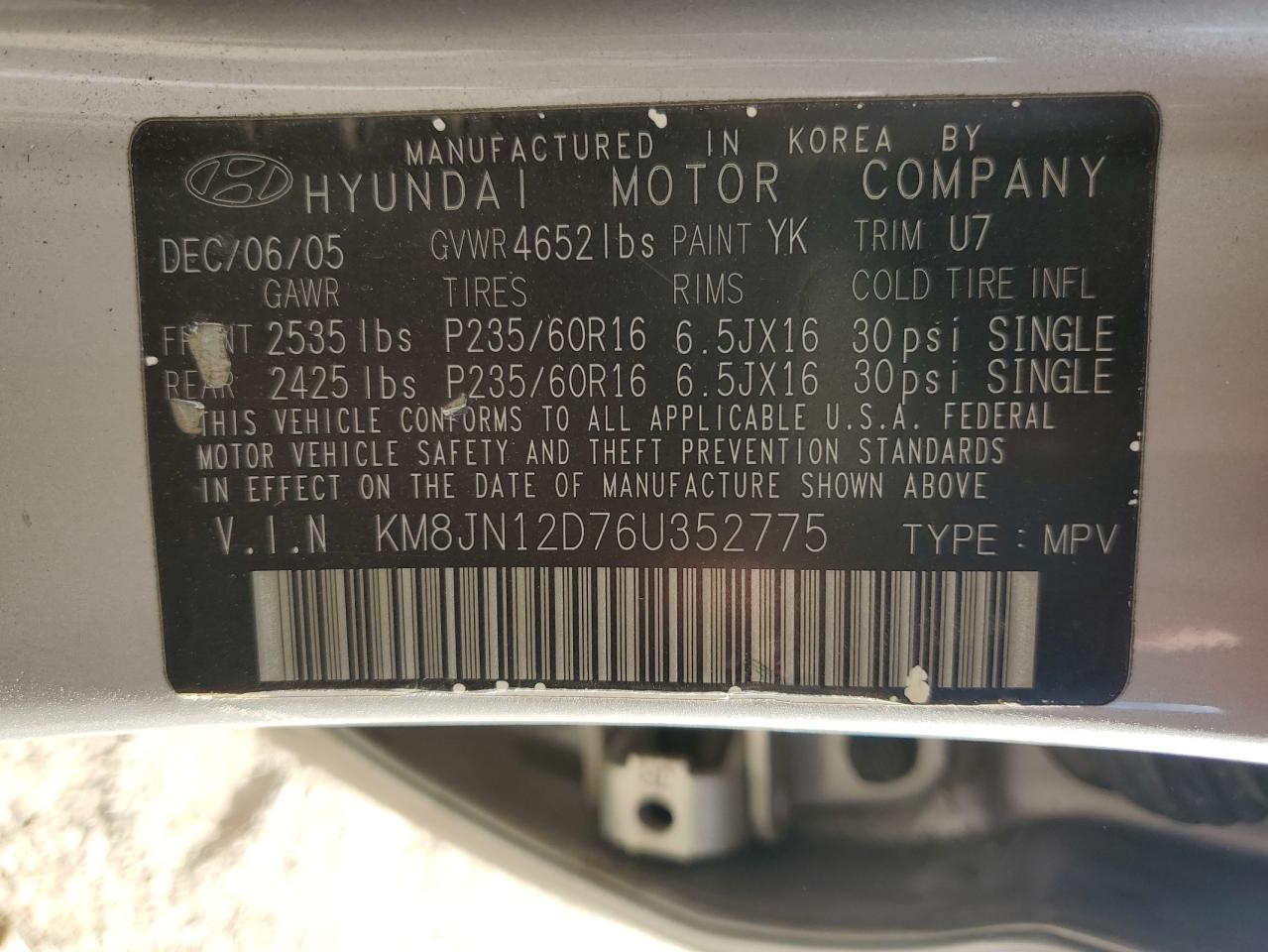 2006 Hyundai Tucson Gls VIN: KM8JN12D76U352775 Lot: 90606415