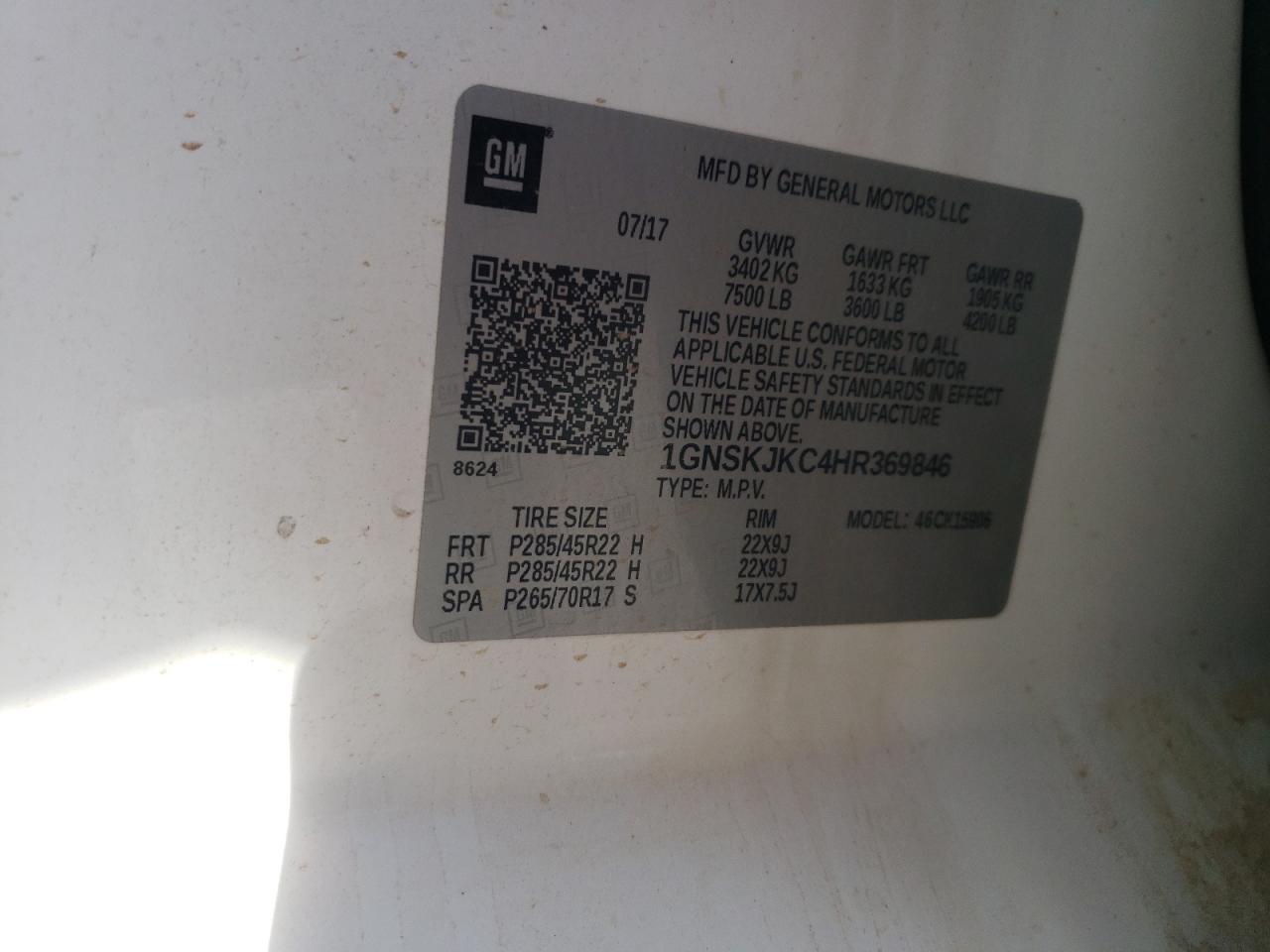 2017 Chevrolet Suburban K1500 Premier VIN: 1GNSKJKC4HR369846 Lot: 85262805