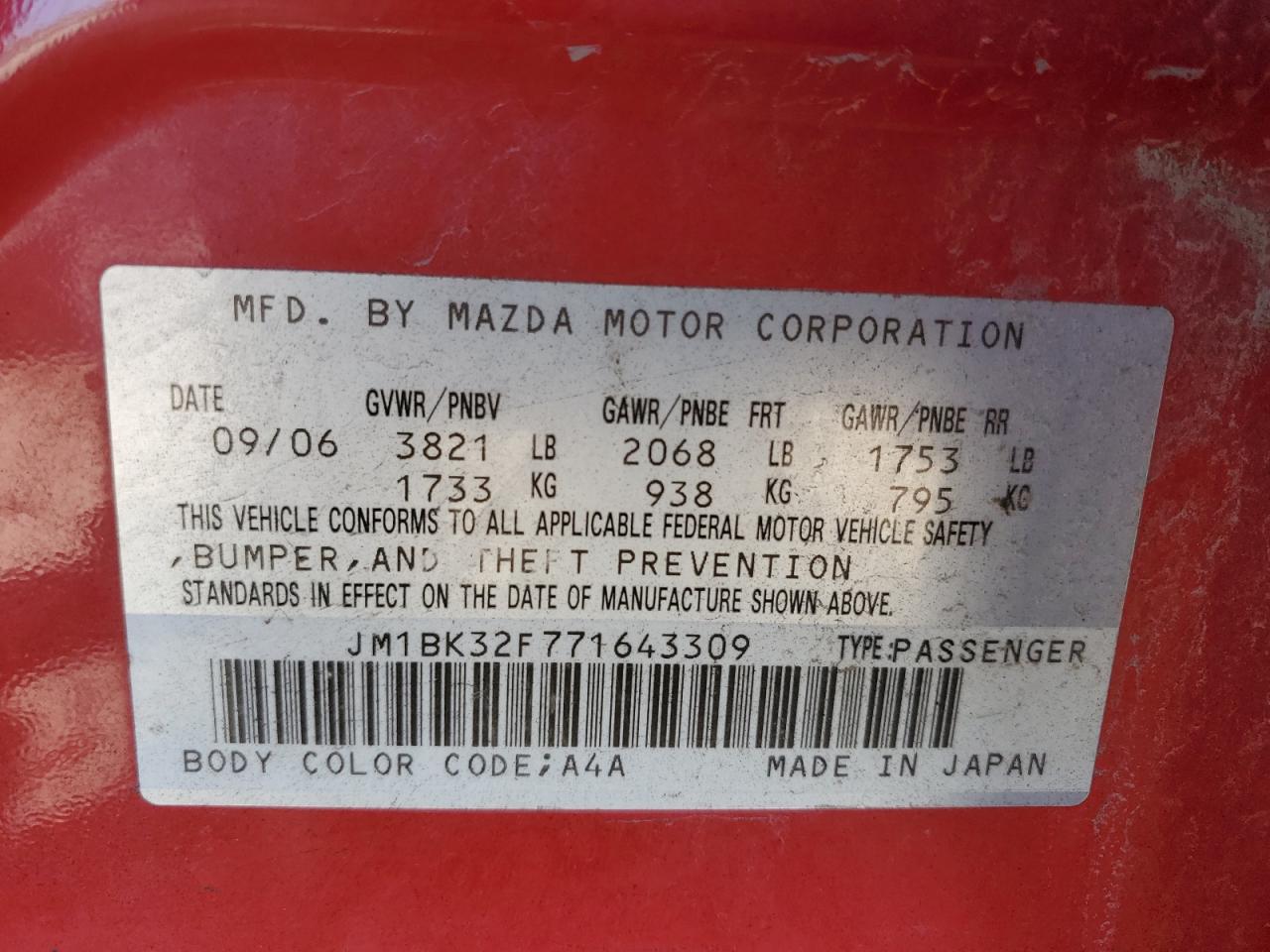 2007 Mazda 3 I VIN: JM1BK32F771643309 Lot: 82691495