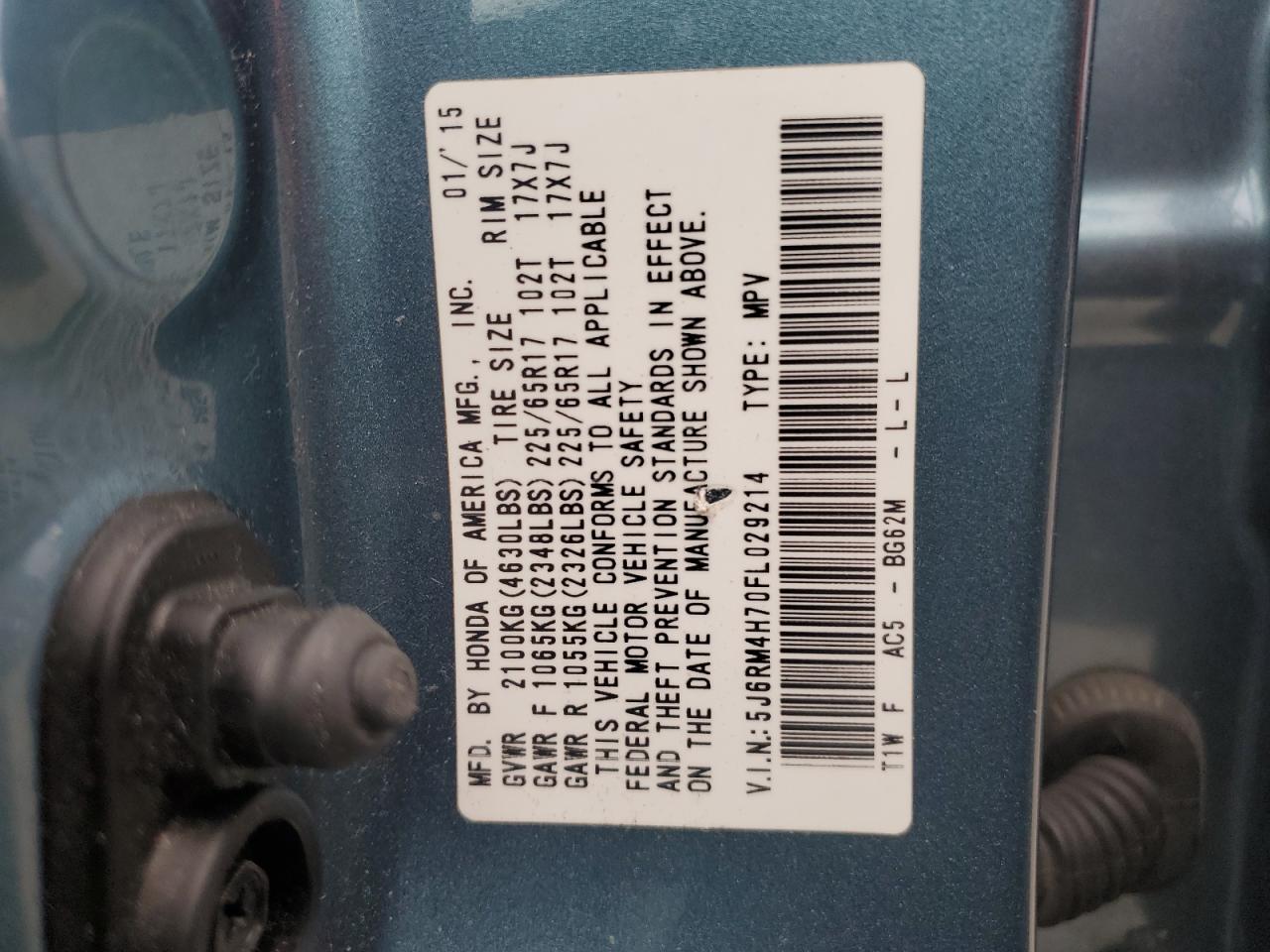 2015 Honda Cr-V Exl VIN: 5J6RM4H70FL029214 Lot: 87314245