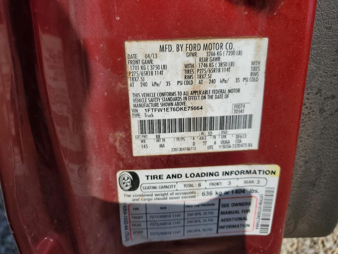 2013 Ford F150 Supercrew VIN: 1FTFW1ET6DKE75664 Lot: 86828835