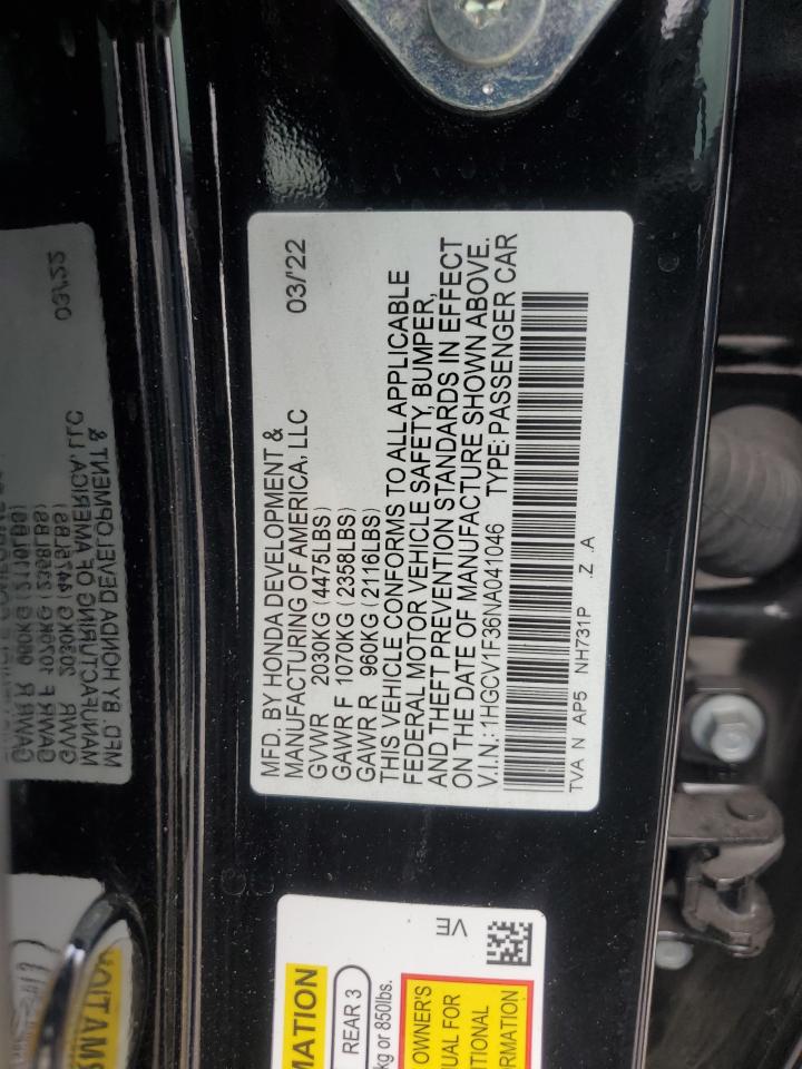 2022 Honda Accord Sport VIN: 1HGCV1F36NA041046 Lot: 84831415