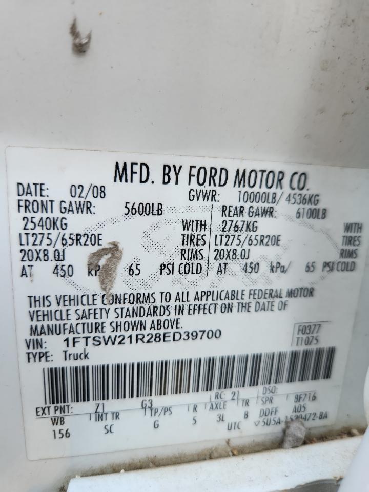 2008 Ford F250 Super Duty VIN: 1FTSW21R28ED39700 Lot: 82707085