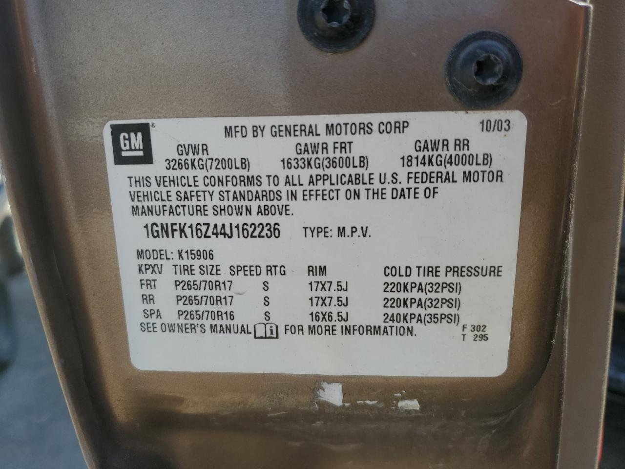 2004 Chevrolet Suburban K1500 VIN: 1GNFK16Z44J162236 Lot: 84602715