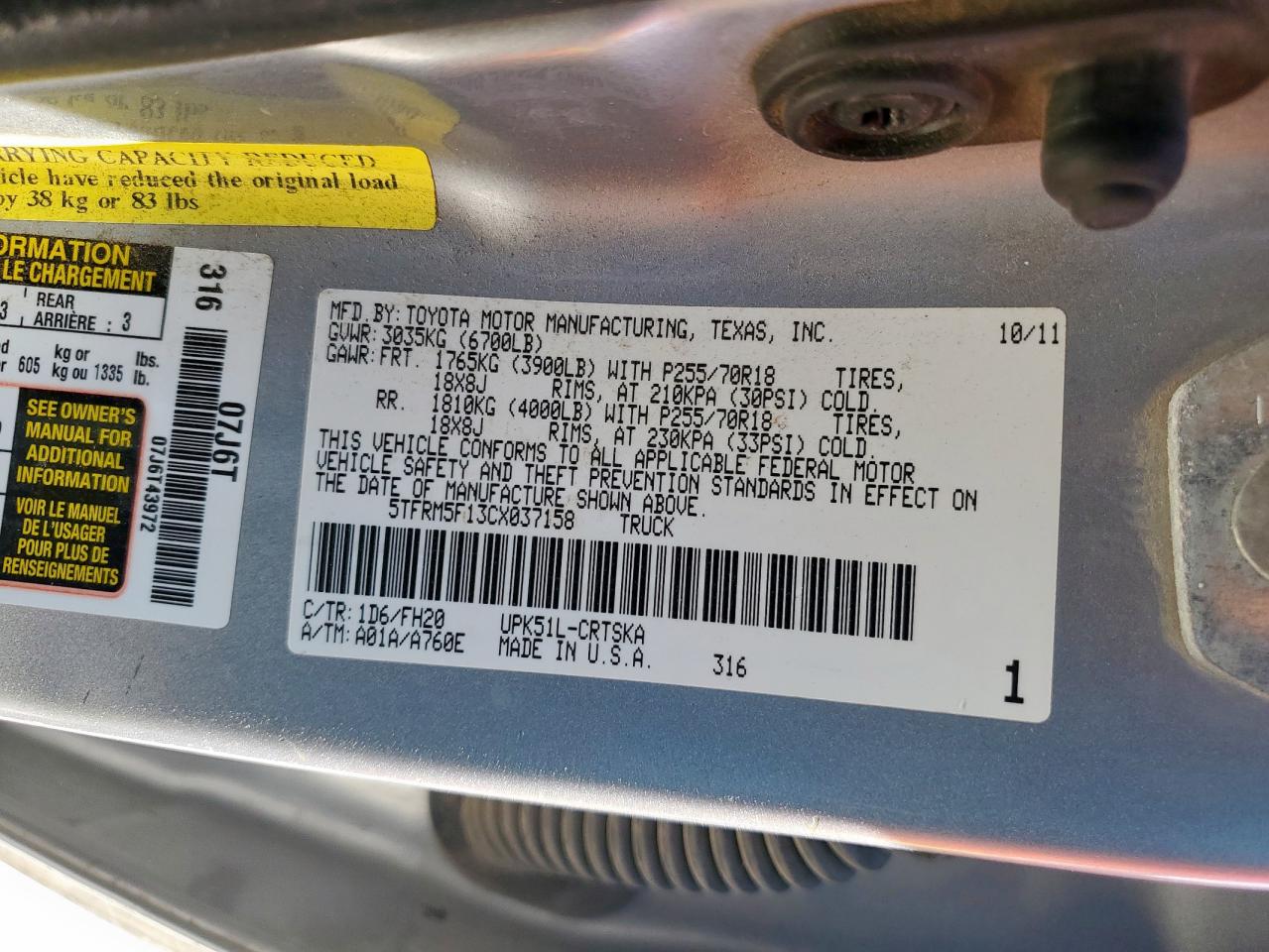 2012 Toyota Tundra Double Cab Sr5 VIN: 5TFRM5F13CX037158 Lot: 86533915