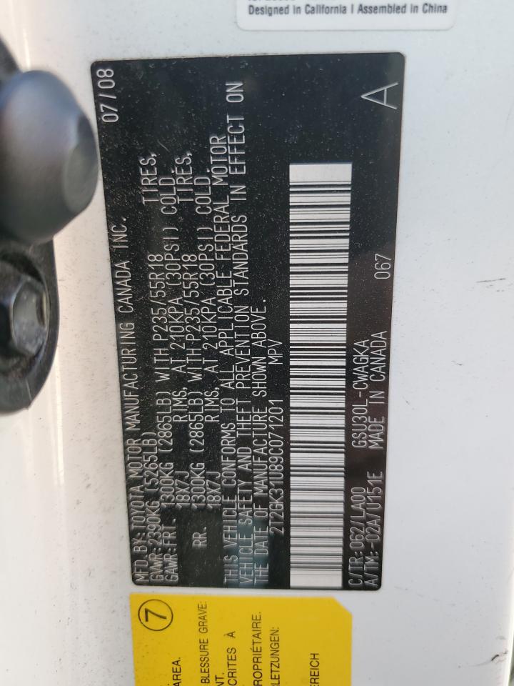 2009 Lexus Rx 350 VIN: 2T2GK31U89C071201 Lot: 89488985