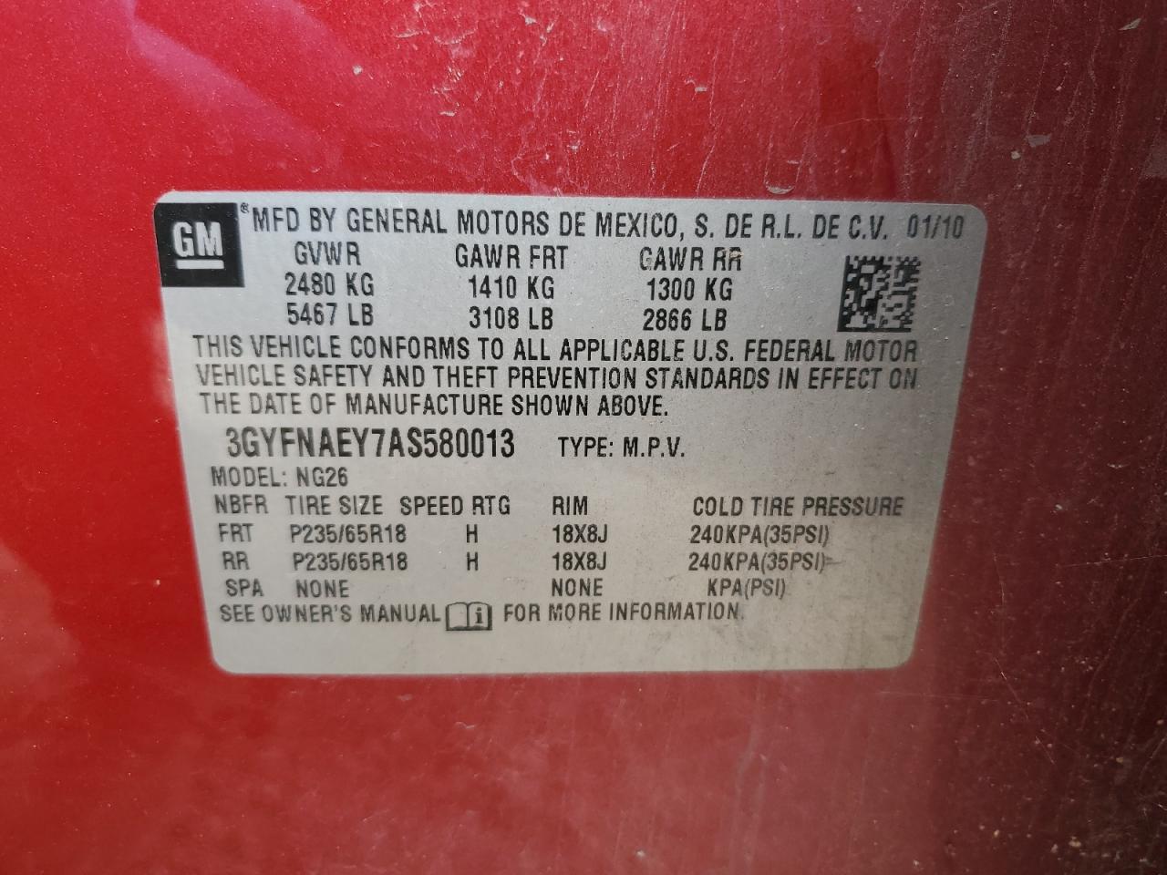 2010 Cadillac Srx Luxury Collection VIN: 3GYFNAEY7AS580013 Lot: 87221605