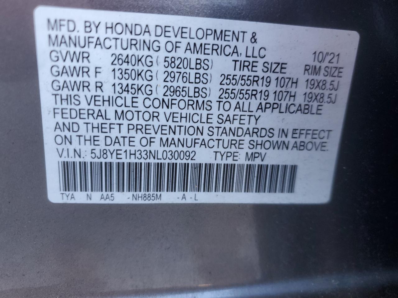 2022 Acura Mdx VIN: 5J8YE1H33NL030092 Lot: 85371055