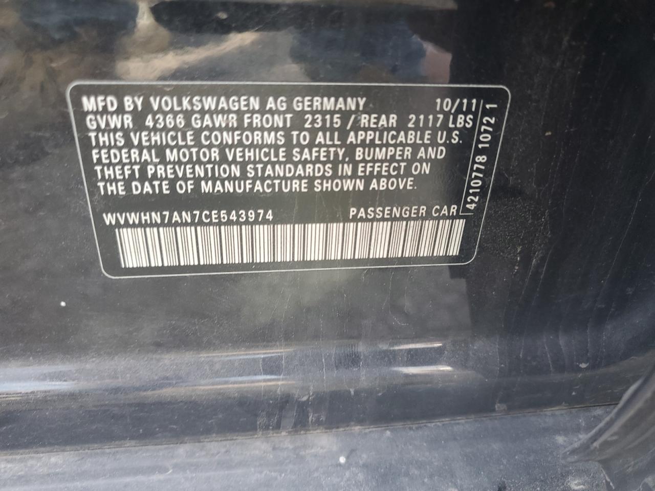 2012 Volkswagen Cc Luxury VIN: WVWHN7AN7CE543974 Lot: 86832935