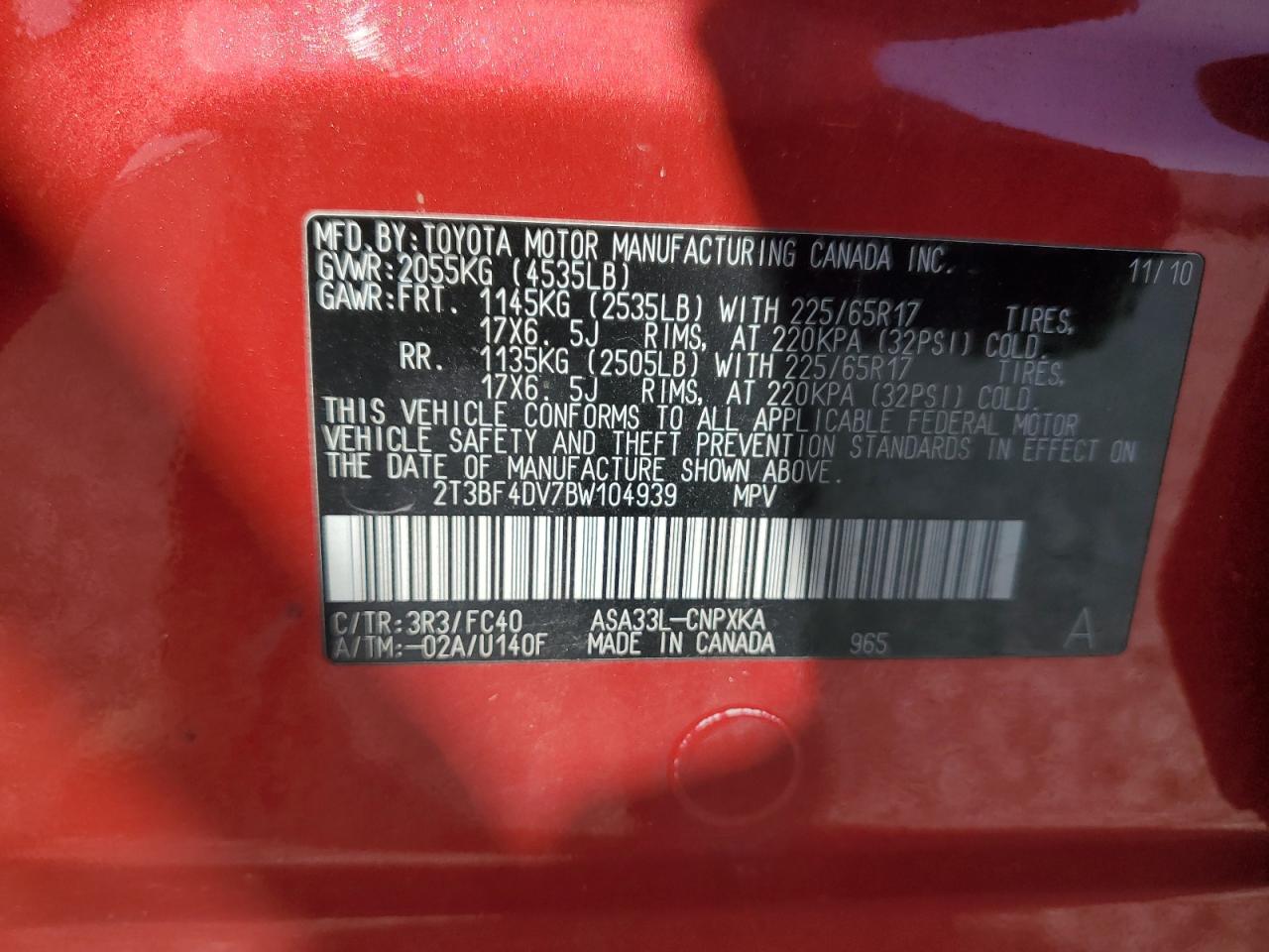 2011 Toyota Rav4 VIN: 2T3BF4DV7BW104939 Lot: 84477465