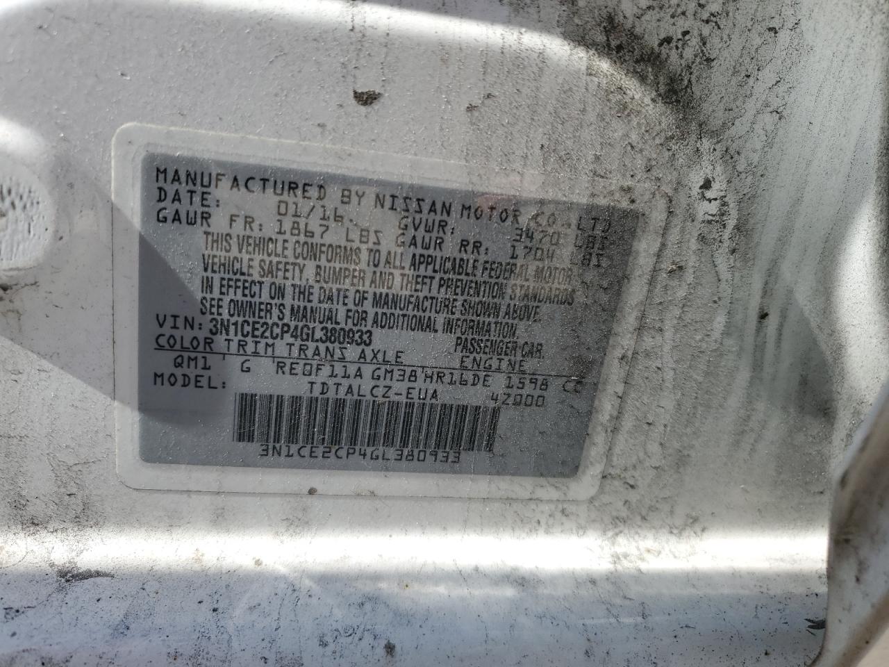2016 Nissan Versa Note S VIN: 3N1CE2CP2GL394328 Lot: 84911965