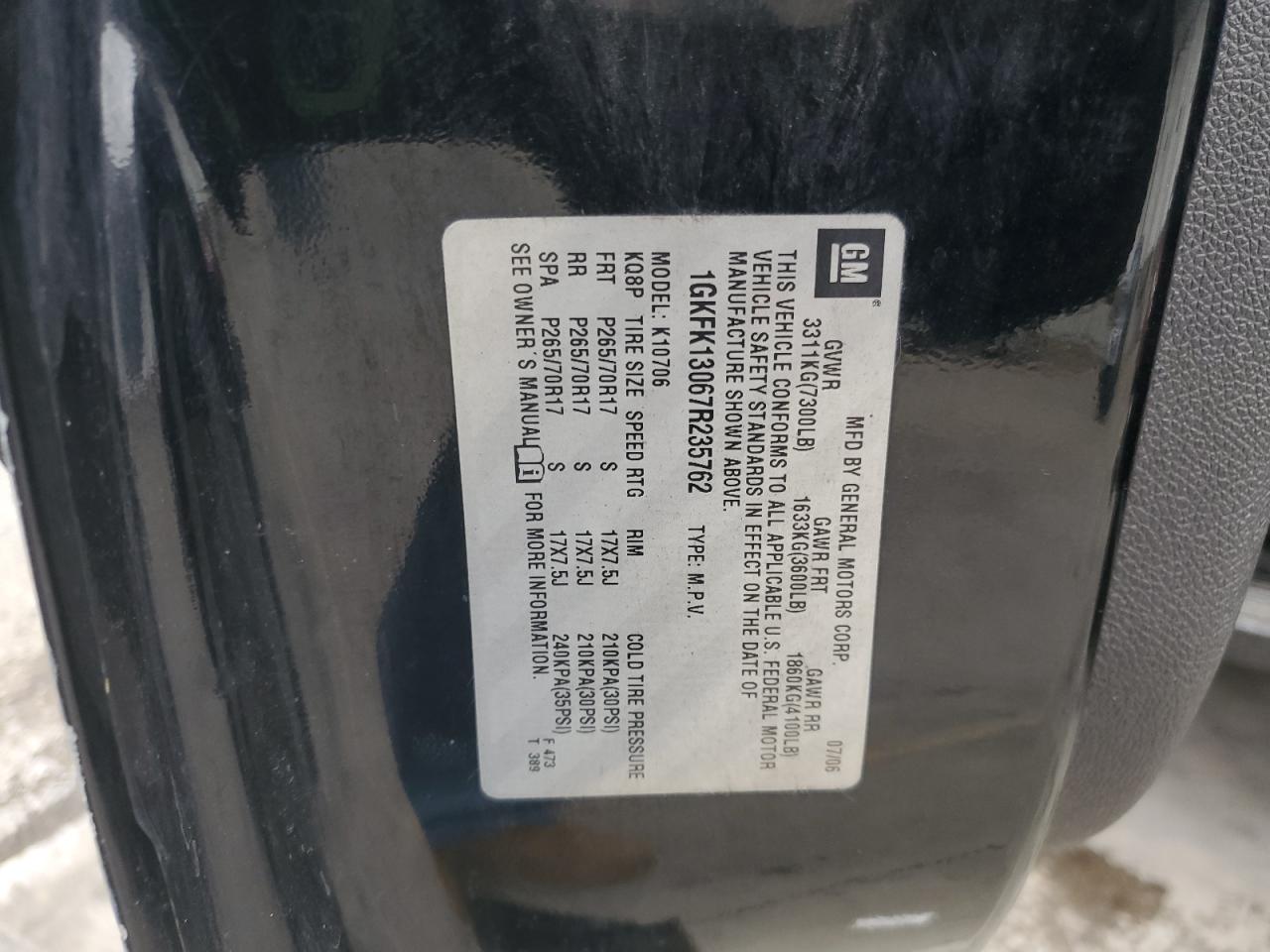 2007 GMC Yukon VIN: 1GKFK13067R235762 Lot: 90793175